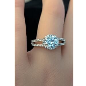 JCL Round Clear CZ 925 Silver Split Band Halo Style Ring Size 8